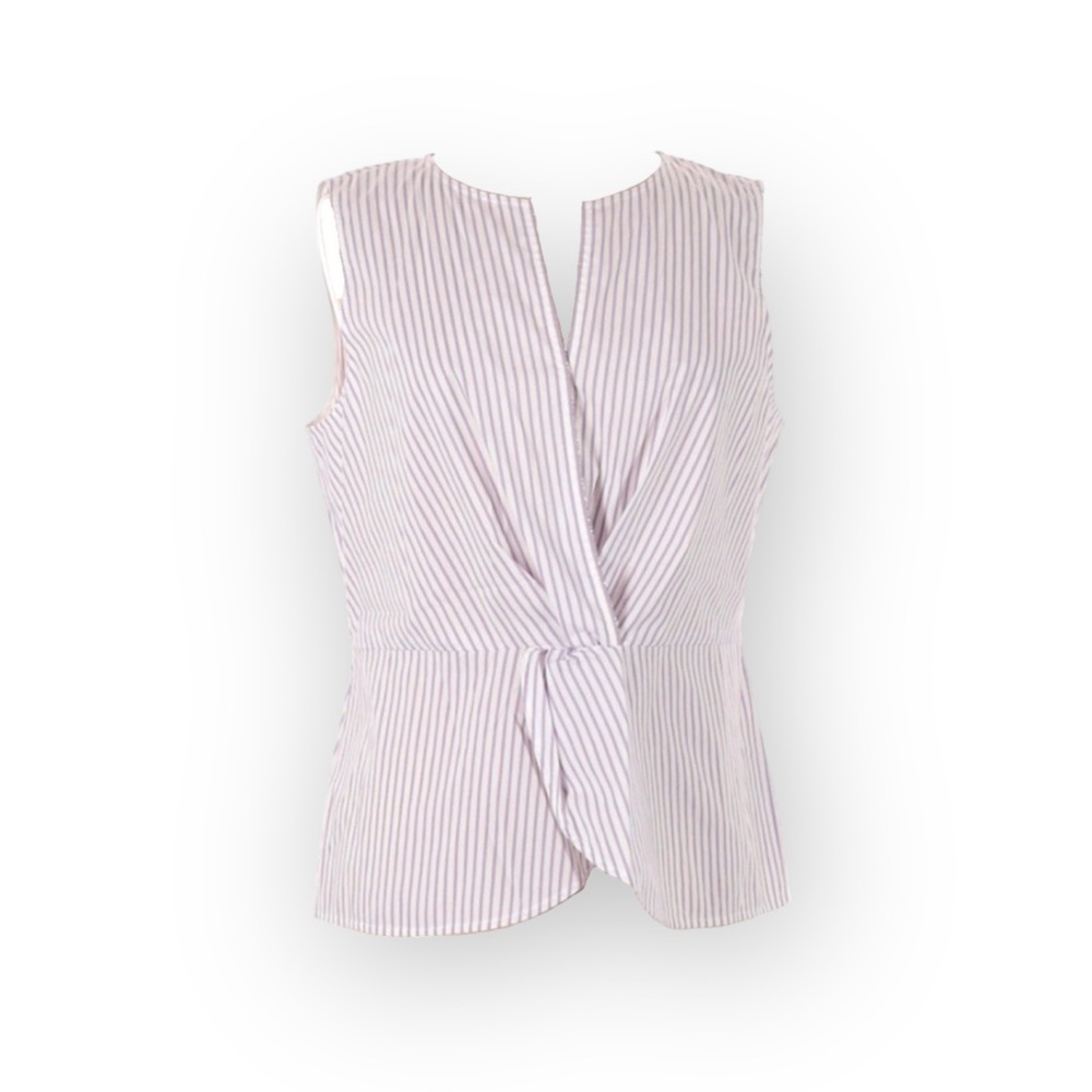 new St John ❉ Pinstripe Twist Front Peplum Top ❉ Orchid Stripe Chain Detail ❉ M - Picture 4 of 16